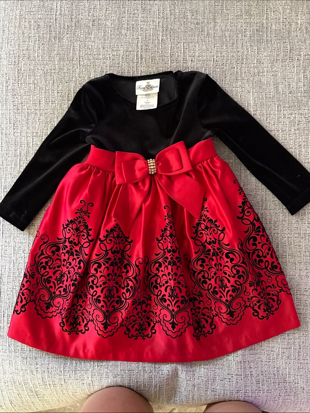 Rare Editions Black Velvet Bodice with Red Satin Damask Skirt and Bow